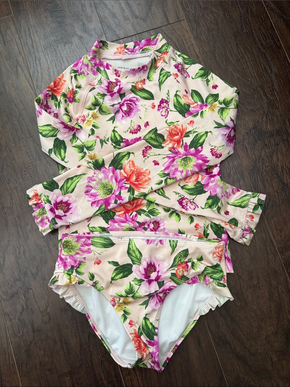 Janie and Jack Floral Long-Sleeve Rashguard Set - Pink, Green, Orange - EUC